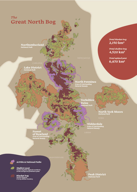 Map showing the Great North Bog area across the north of England